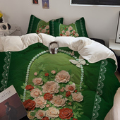 法式 浪漫绿色玫瑰花加厚牛奶绒四件套双面法莱珊瑚绒三4套件床品