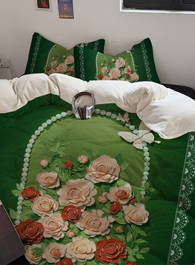 法式浪漫绿色玫瑰花加厚牛奶绒四件套双面法莱珊瑚绒三4套件床品