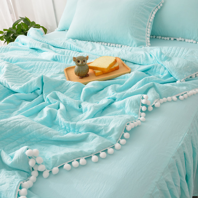 少女心水洗棉单夏被梨花毛球球薄被子夏凉被空调被蓝色单人宿舍