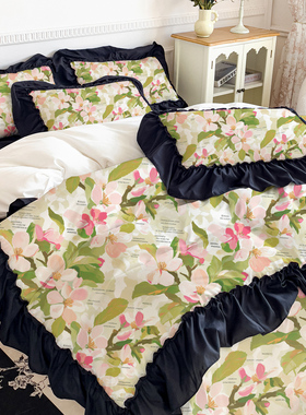 2025新款印象派苹果小碎花磨毛四件套黑色花边床单被套田园风床品