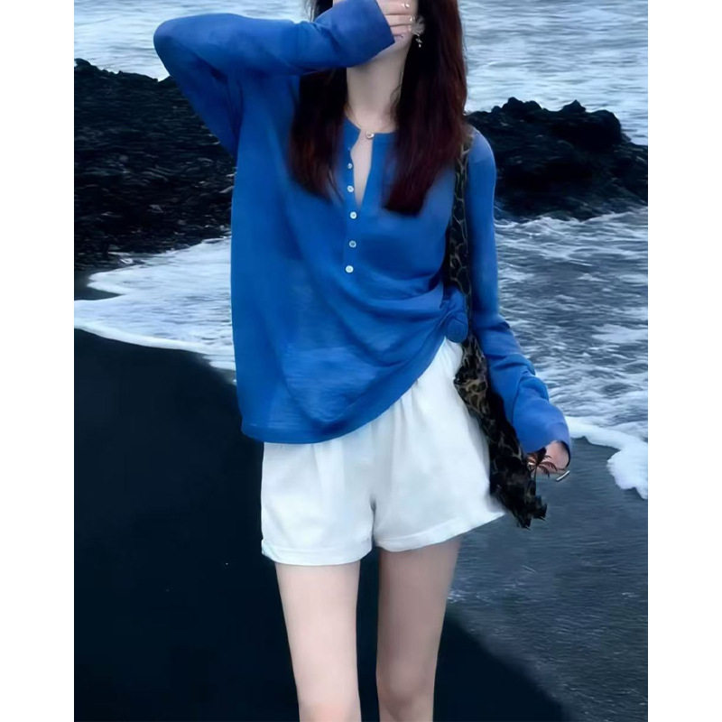 2026春夏新款冰丝薄款套头半扣针织罩衫女宽松长袖防晒上衣