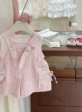 【新品包邮】女童新款夏季可爱卡通背带裤洋气女宝两件套