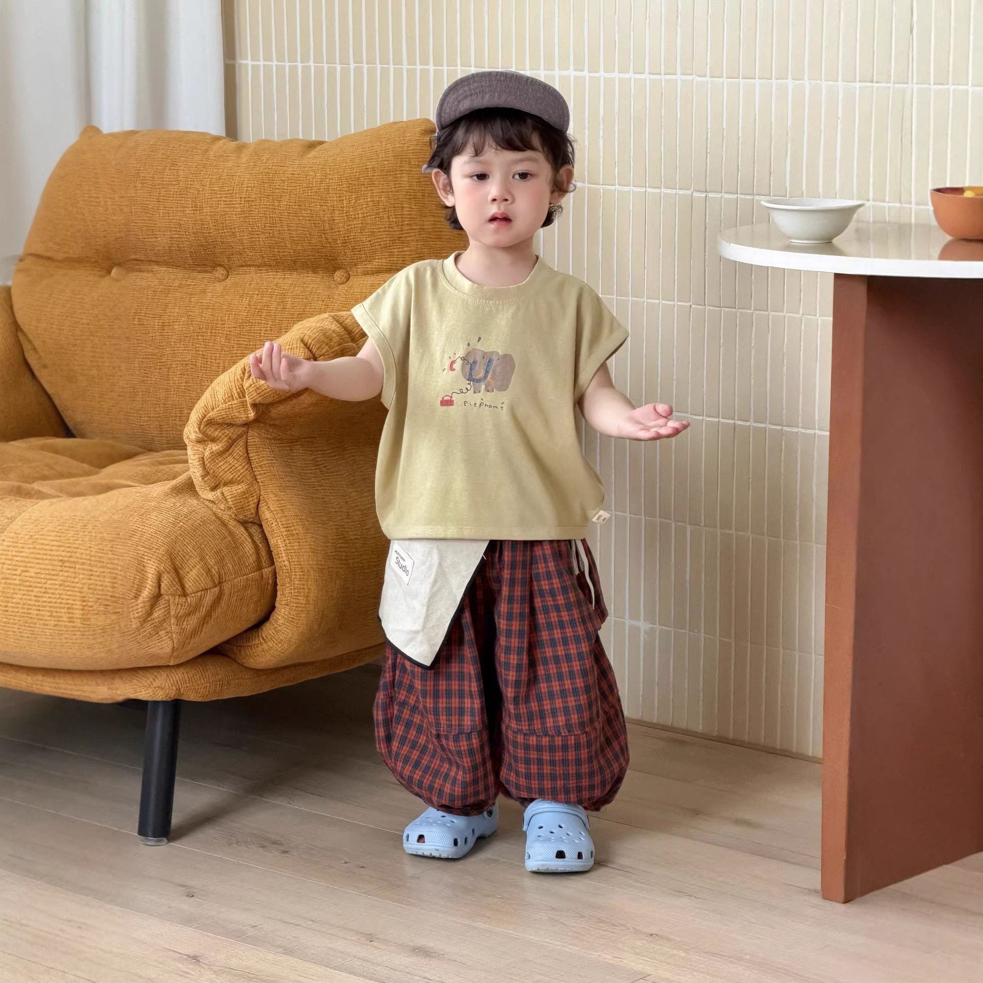 【新品包邮】儿童服装夏季宝宝衣服男童卡通T恤衫格子裤套装