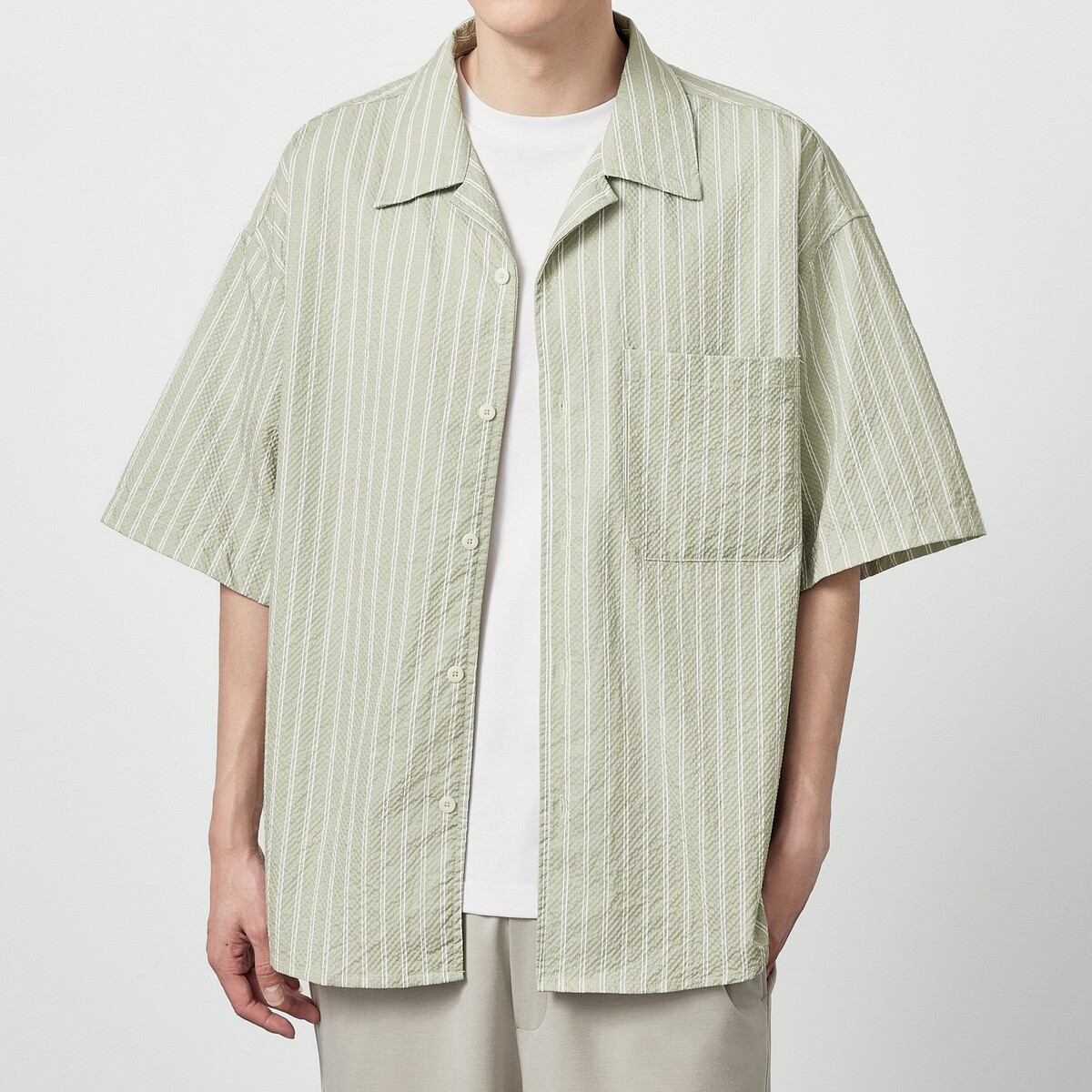 墨麦客男装 泡泡纱条纹印花短袖衬衫男 2024夏新款八字领男士衬衣