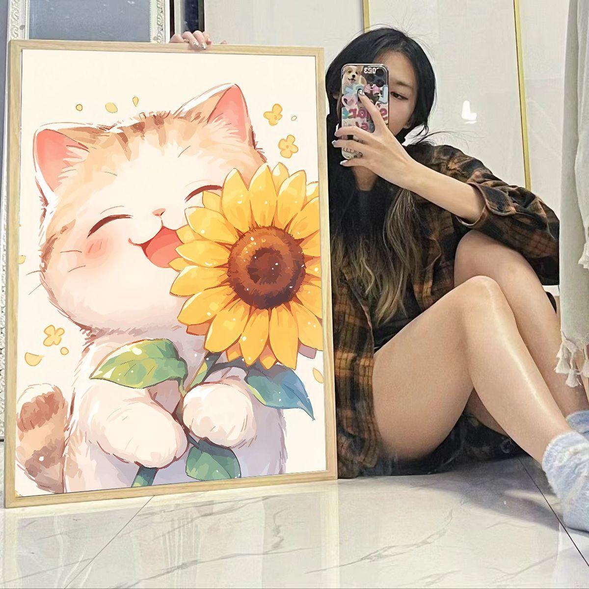 向日葵猫咪钻石画手工diy满钻自粘2025新款客厅卧室带框十字绣