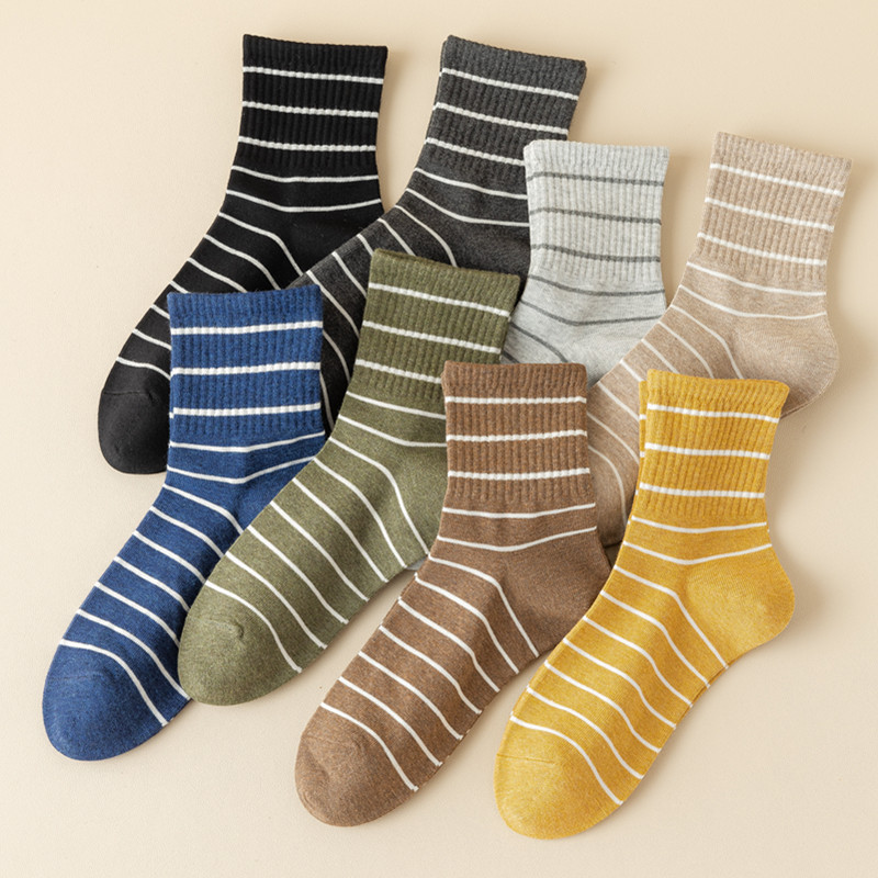 防臭男纯棉条纹男袜吸汗高腰袜