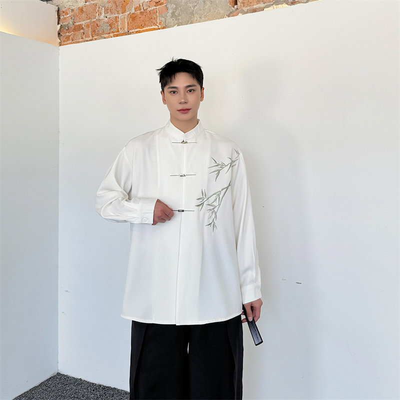 新中式复古翠竹绣花风衬衫男P95,男装衬衫,星座1009（原B233）