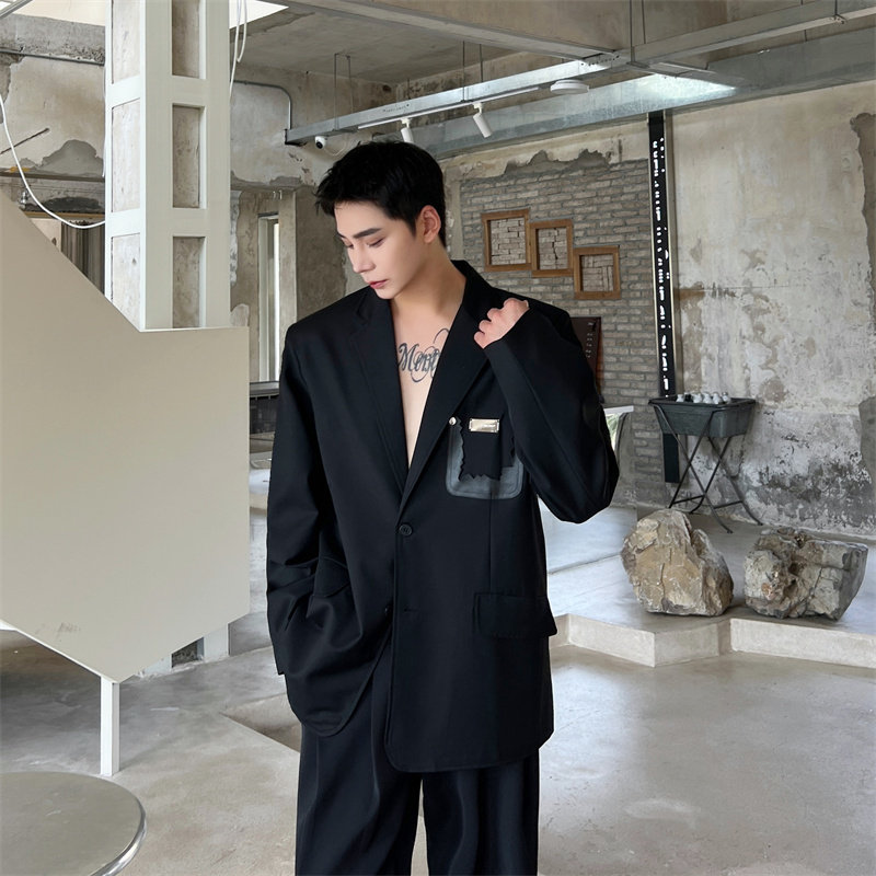 禁欲系暗黑口袋撕裂独特设计金属手工贴片外套宽松百搭西装P135图片