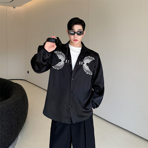 网红韩版印花飞鹰翅膀弹力收口袖设计感衬衫男P85图片
