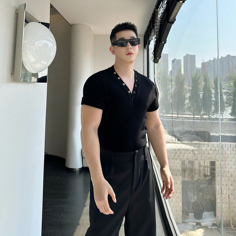 小众纽扣设计V领禁欲系男士修身T百搭休闲打底夜店潮流上衣P60,男装T恤,星座1009（原B233）
