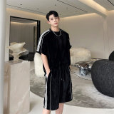 韩版高级感痞帅金丝绒拼色条纹夏季短袖男套装休闲运动两件套P105，男装休闲套装，星座1009（原B233）