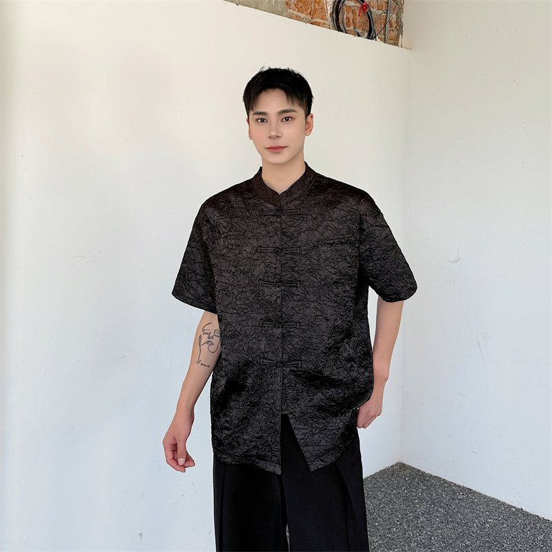 风新中式短袖衬衣男定制高级感压花邹布面料P95图片