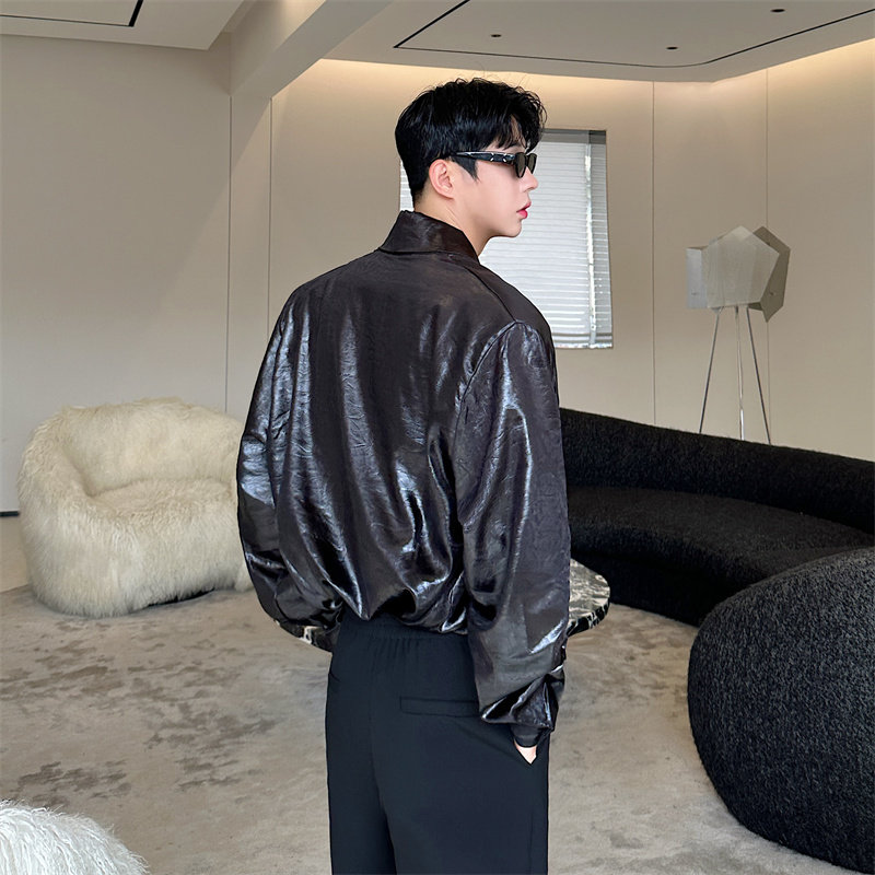 潮流皮衬衫男士长袖深V设计韩版休闲潮流INS纯色上衣P115,男装衬衫,星座1009（原B233）