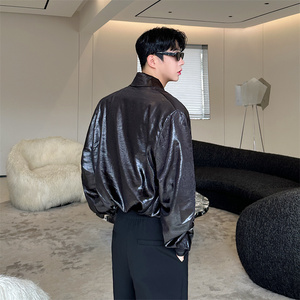 潮流皮衬衫男士长袖深V设计韩版休闲潮流INS纯色上衣P115图片
