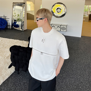 小众未来感液体金属烫花设计垫肩T恤拉链设计感短袖高级感上衣P65图片