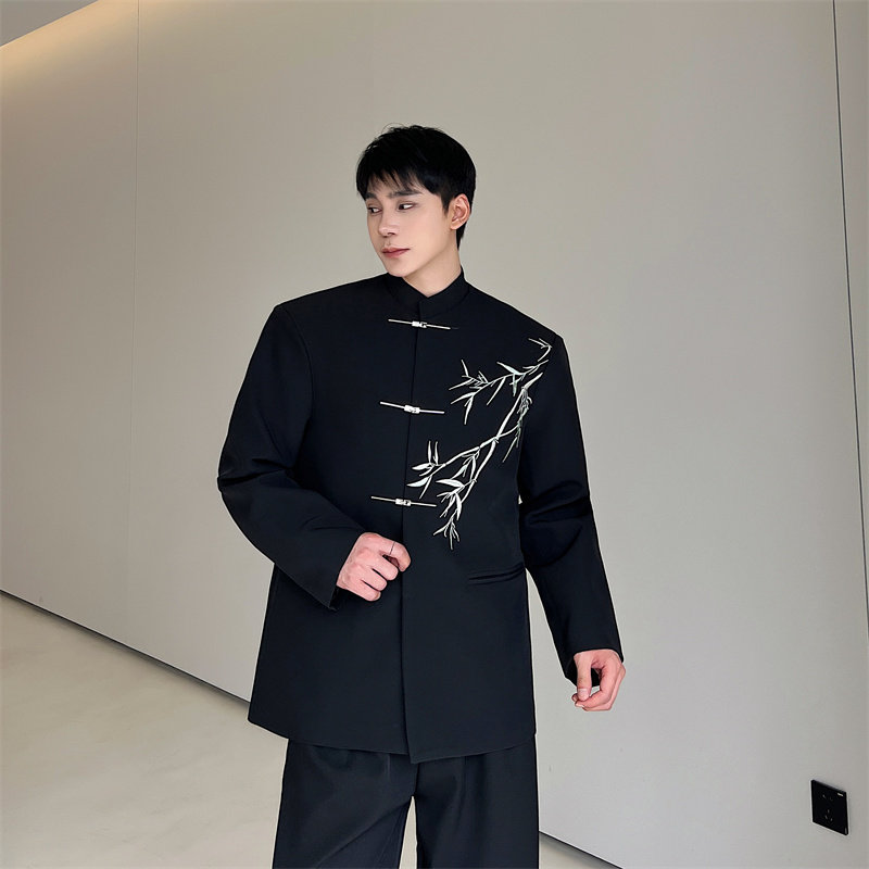 新中式立领翠竹民族风唐装外套男飞机扣手工西服外套P135,男装民族服装,星座1009（原B233）