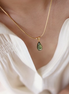 高级感法式复古绿水滴蓝色海洋水晶项链女锁骨链毛衣链小众圣诞