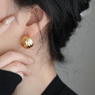 925银针小众高级感肌理褶皱拉丝耳圈半圆C形耳钉耳环潮无耳洞耳夹