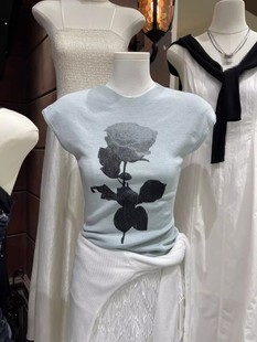 韩系设计感小众修身 圆领针织衫 新款 十三行夏季 暗黑玫瑰印花上衣女
