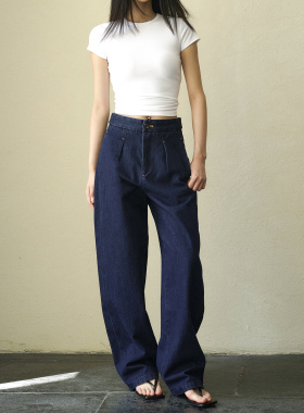GUS经典复古深蓝色牛仔裤香蕉裤高腰纯棉宽松弯刀裤阔腿无弹长裤