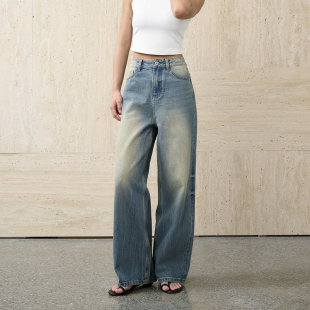 GUS松弛感宽松直筒阔腿牛仔裤 高腰土耳其进口面料做旧复古冰裂纹
