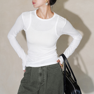 舒适保暖长袖 GUS修身 分割设计圆领休闲天丝羊毛薄款 打底衫 长袖
