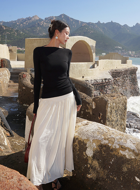 GUS一字领修身打底衫女 性感复古赫本风长袖T恤上衣轻奢纯欲