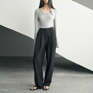 老钱风宽松阔腿休闲裤 GUS 黑耀裤 女山本裤 黑色高腰双褶廓形感西裤