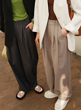 GUS时髦高级设计感高腰宽松双褶裥直筒西装裤女阔腿休闲垂感长裤
