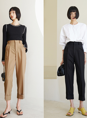 GUS高级定制款老钱风挽裤脚九分显瘦西裤女高腰宽松直筒休闲裤