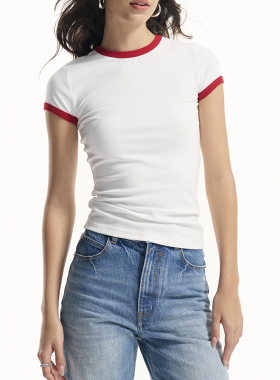 GUS夏季短袖T恤薄款弹力拼色打底衫圆领舒适修身撞边正肩上衣女