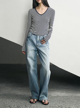 GUS土耳其进口面料窄版高腰直筒阔腿牛仔裤女 酵洗石磨做旧工艺