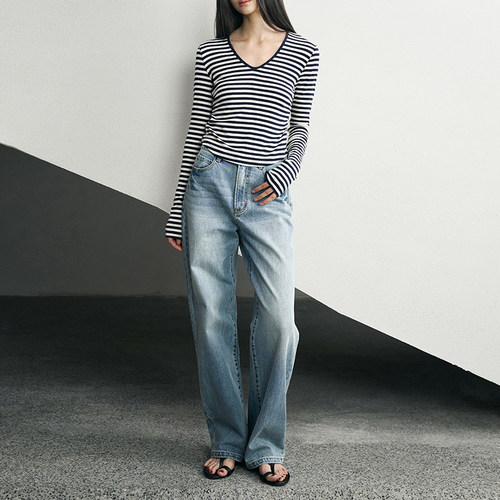 窄版高腰直筒阔腿牛仔裤