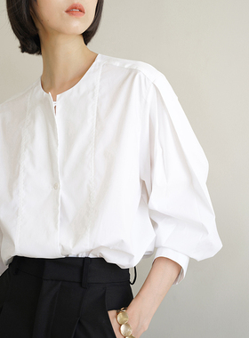 GUS绅士格调高级简约圆领衬衣女宽松直筒纯色百搭衬衫长袖上衣