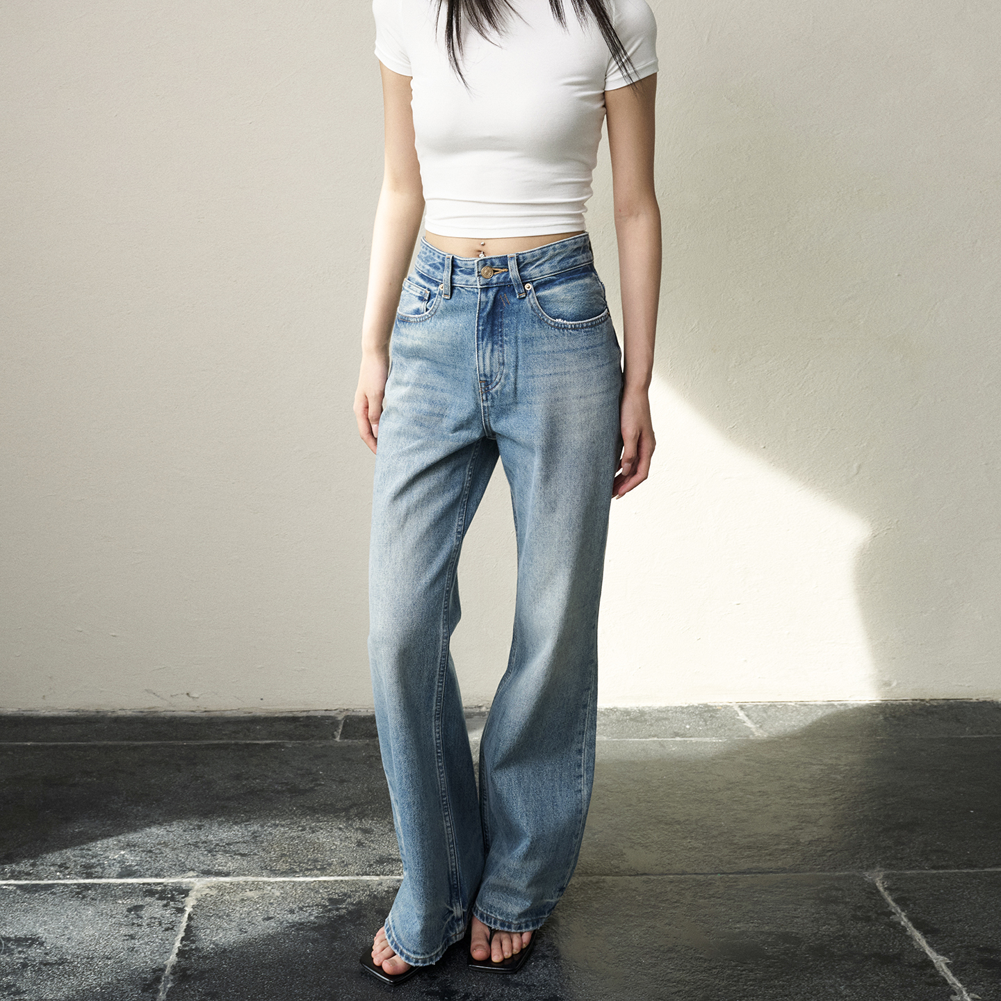 微喇牛仔裤不对称纯棉无弹中高腰