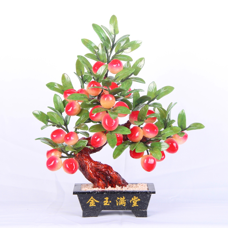 天然玉石盆景小28寿桃树玉器盆栽客厅仙桃摆件中式家居创意工艺品
