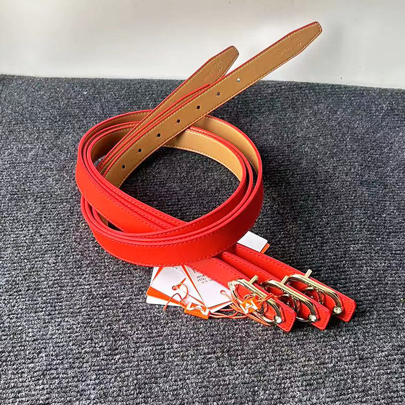 红色牛皮真扣细女士复古腰带皮带