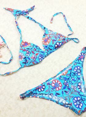 F217欧美高品质时尚性感系带蓝色印花三点式小胸比基尼温泉泳衣