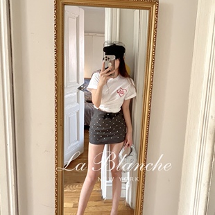 Miu系洋气灰色水钻菱格西装 新品 料A字半身裙女蝴蝶结 Blanche