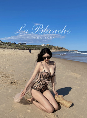 La Blanche优雅性感黑色蕾丝裸色网纱拼接连体泳衣度假海边比基尼