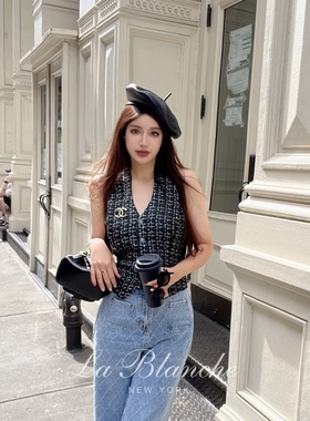 La Blanche小香风V领黑色粗花呢挂脖设计感编织格纹收腰剪裁马甲