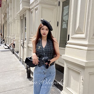 Blanche小香风V领黑色粗花呢挂脖设计感编织格纹收腰剪裁马甲