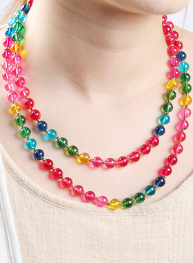 天然巴西彩虹水晶碧玺圆珠多圈双层项链毛衣链鸽血红帕拉伊巴蓝款
