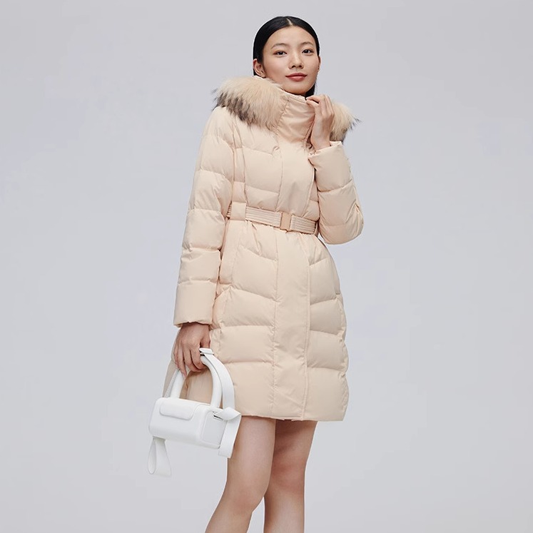 艾莱依冬中长款羽绒服女北貉毛领连帽收腰显瘦时尚简约吊牌1697元