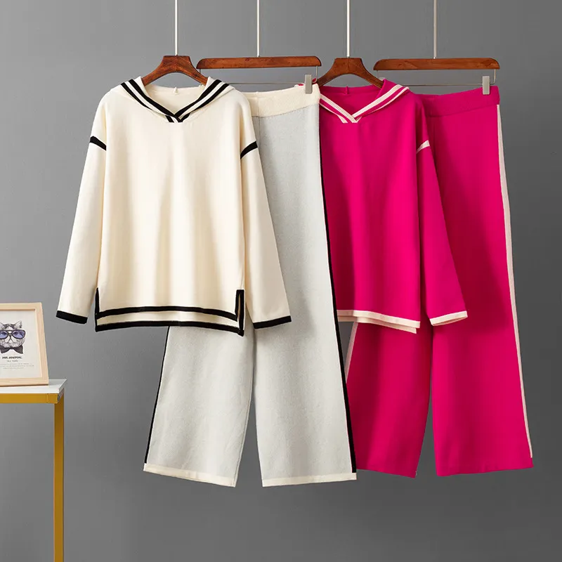 跨境外贸连帽休闲时尚套装秋冬宽松毛织上衣+高腰阔腿裤两件套女