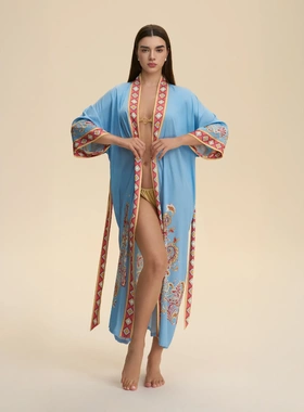 耀婷欧美跨境缎面长袖睡衣女士长款宽松舒适睡袍印花家居服WP3982