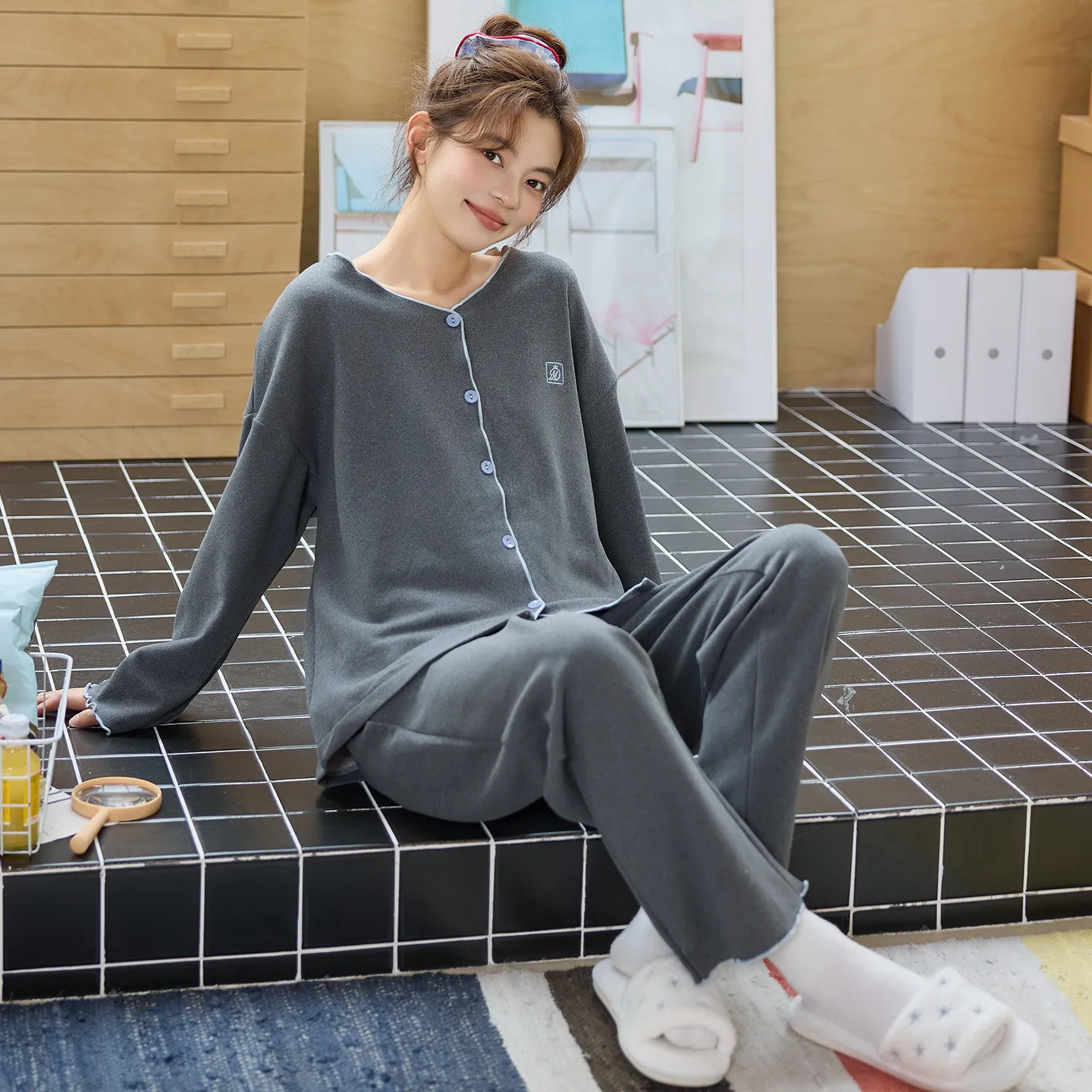 德绒磨毛睡衣女秋冬新款加绒加厚简约高级感外穿保暖家居服可代发