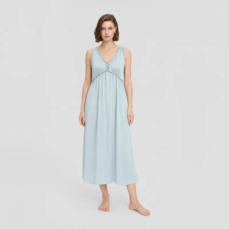 欧美缎面雪纺睡裙女夏季木耳边吊带长裙宽松舒适家居服睡衣CQ4242