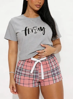 Pajamas欧美睡衣女夏跨境字母印花短袖短裤两套女士家居服可外穿