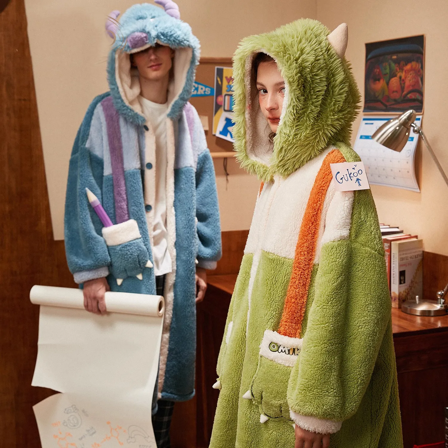 【加厚版】怪兽大学情侣睡衣冬季可爱连帽珊瑚绒家居服男女款睡袍